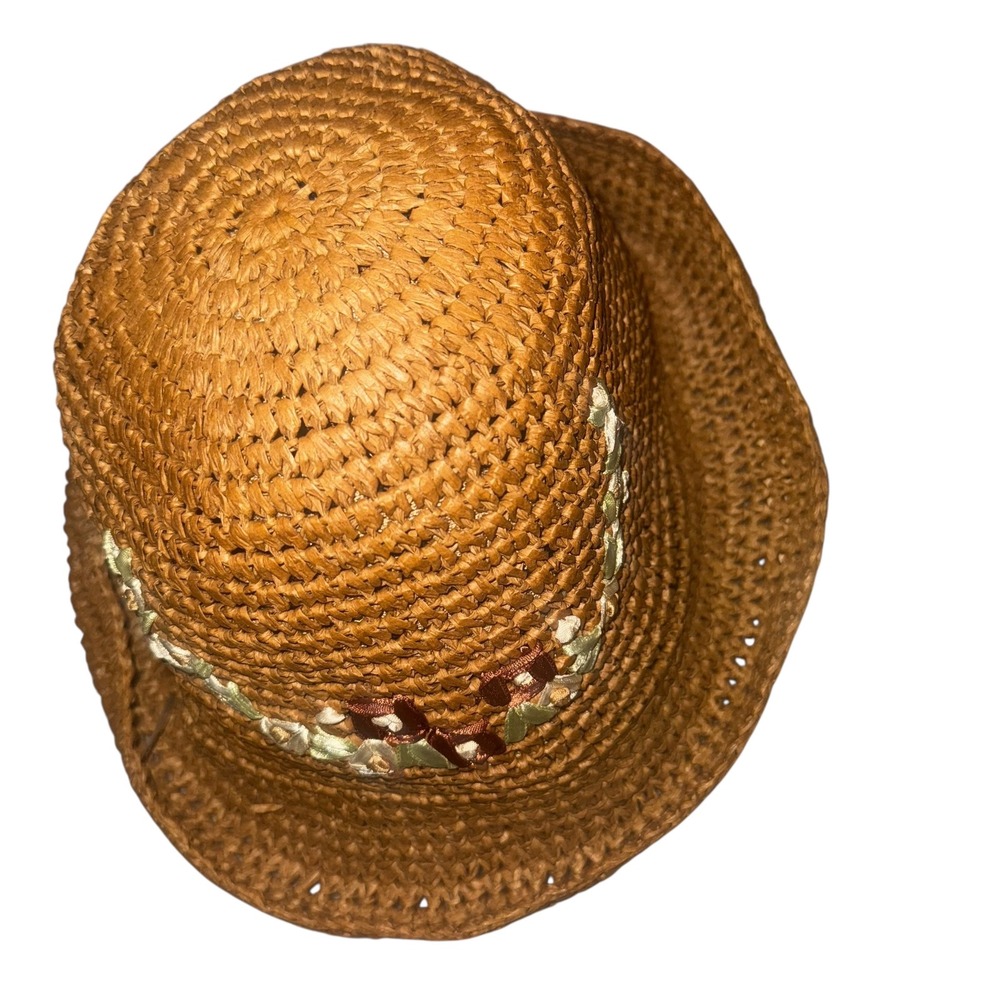 Woven Straw Bucket Hat Floral Embellishment Flowers Summer Beach Vacation Women - Picture 5 of 8